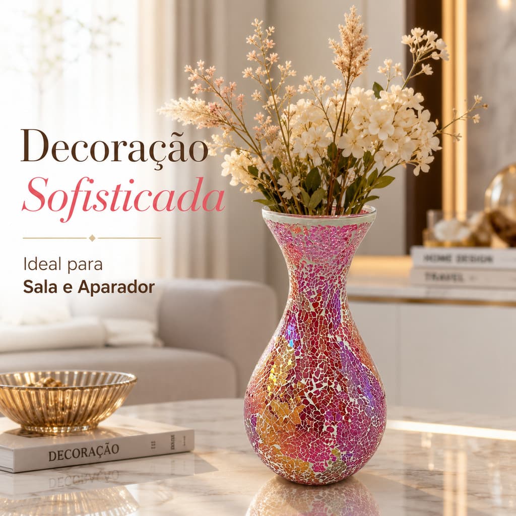 Vaso Decorativo 28cm Vaso de Vidro para Flores Centro de Mesa Decorativo com Mosaico Espelhado para Decoração de Sala