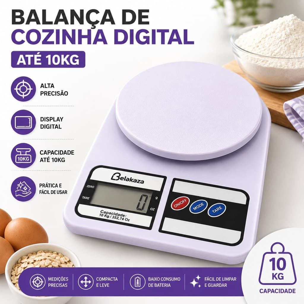 Balança Digital de Cozinha 10kg Alta Precisão para Alimentos com Display LCD