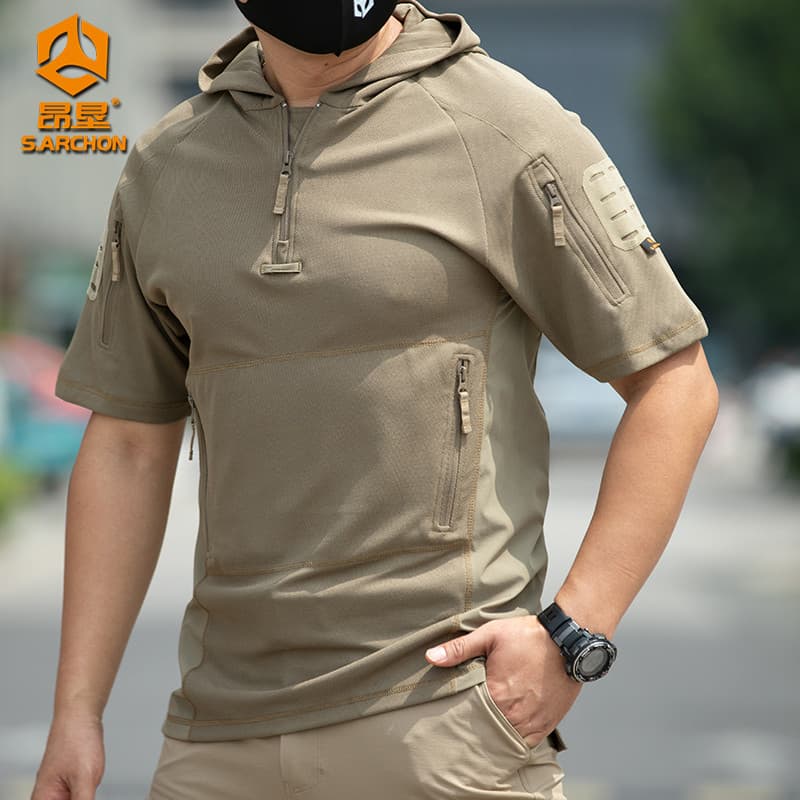 Anken verão ao ar livre com capuz de manga curta masculina leve respirável camiseta de secagem rápida esportes de manga