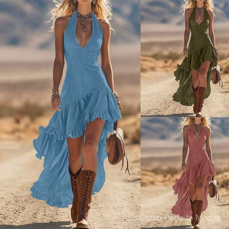 Pronto estoque Transporte rápido verão novo estilo 2026 estilo ocidental americano vestido de comprimento médio decote e