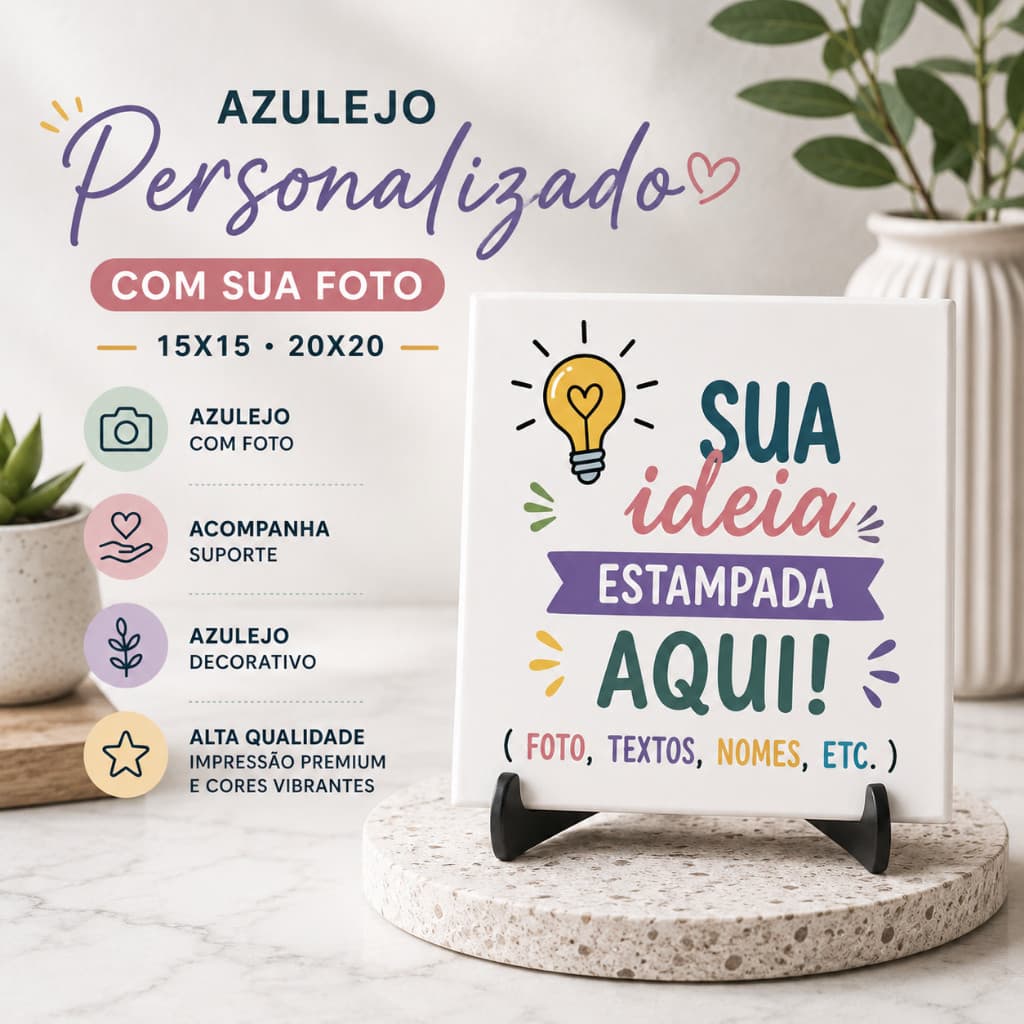 Azulejo Personalizado com Foto, Nome ou Frase – Decorativo com Suporte | 15x15 cm e 20x20 cm