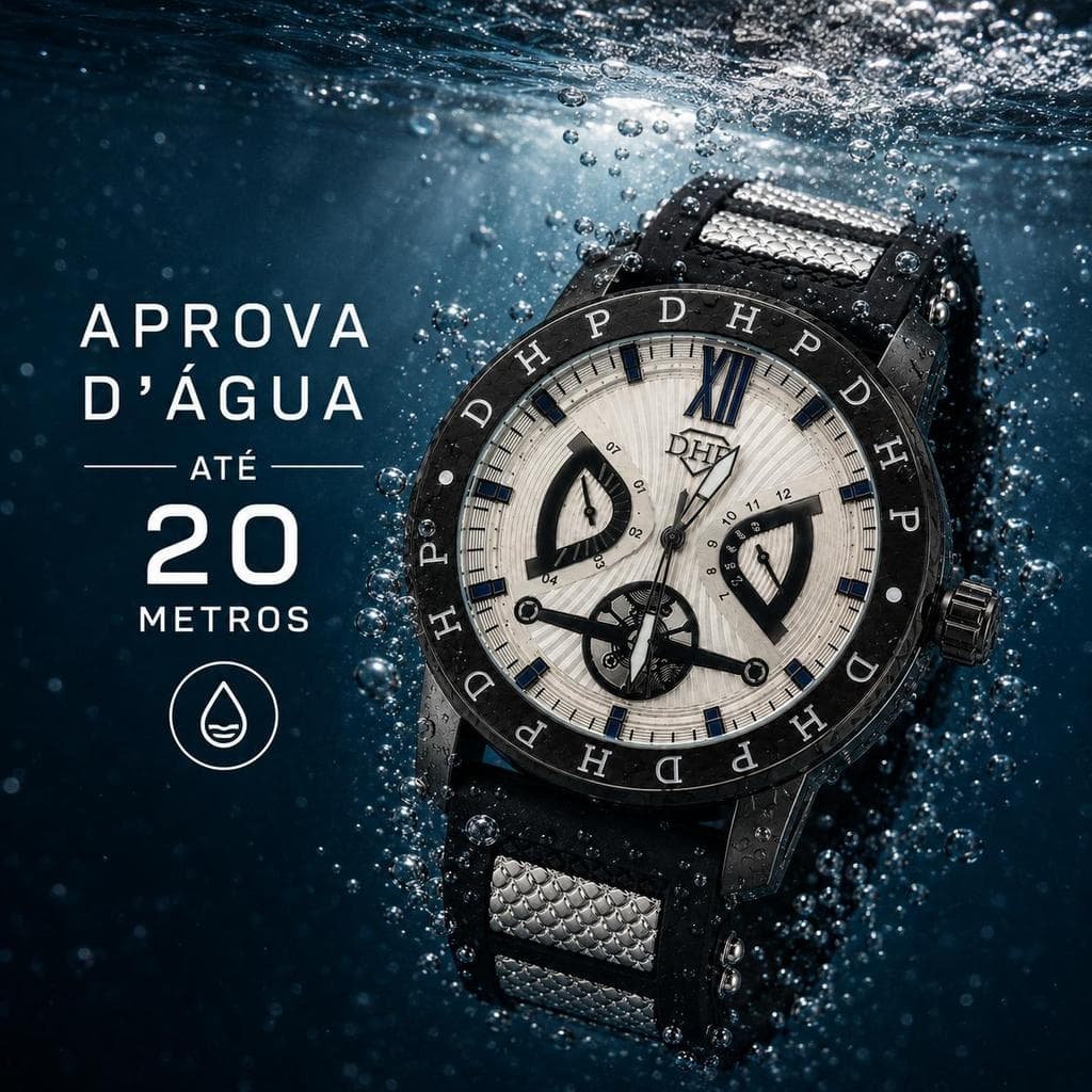 Relógio Masculino DHP Analógico Visor Branco Pulseira de Borracha preta detalhe em aço inoxidavel a prova d´água até 20m