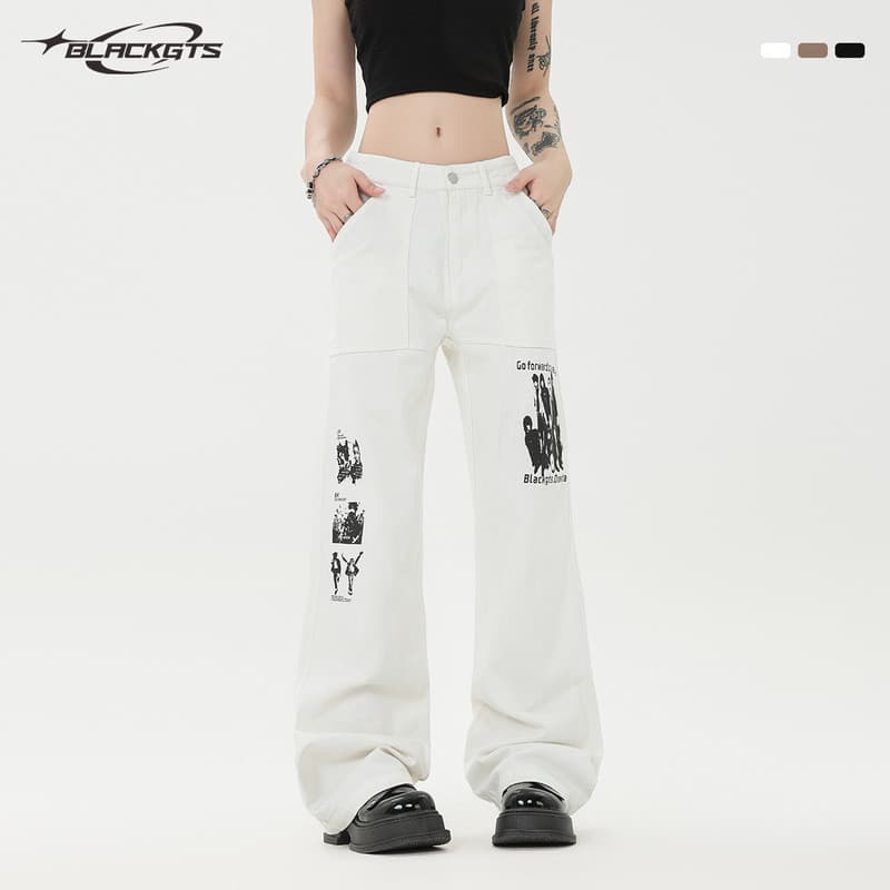 GTS 丨 2024 Outono Americano Retro Calças Casuais Padrão Impresso Street Wear Calças Casuais Soltas Calças Casuais Retas