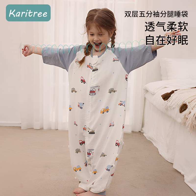 Saco de dormir para bebês, camada dupla, meia manga, bambu, algodão, gaze, saco de dormir, crianças, perna dividida, col