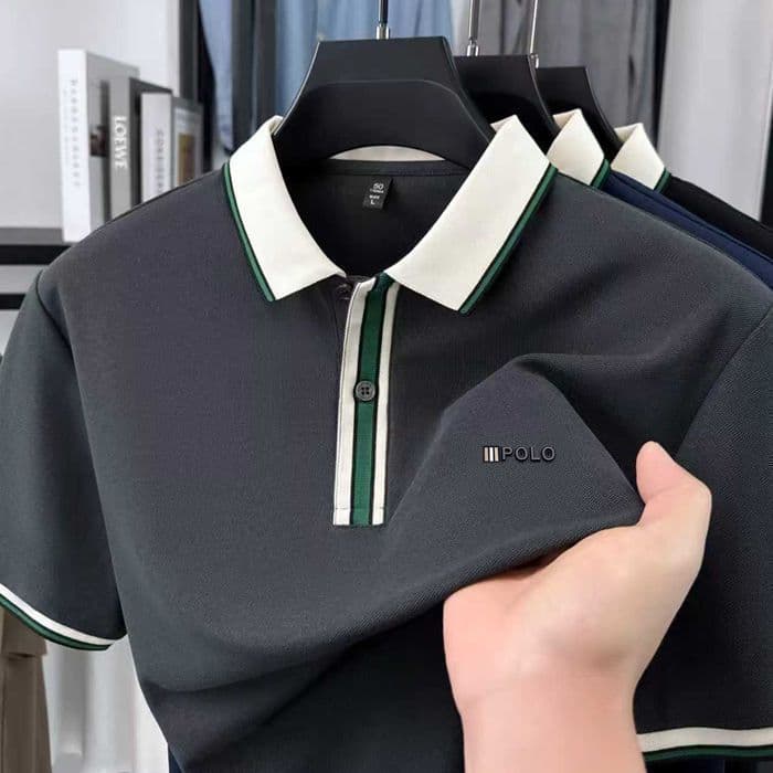Plus size Roupas Masculinas Negócios Casual Gelo Seda Legal Costura Lapela Manga Curta Camisa POLO Meia