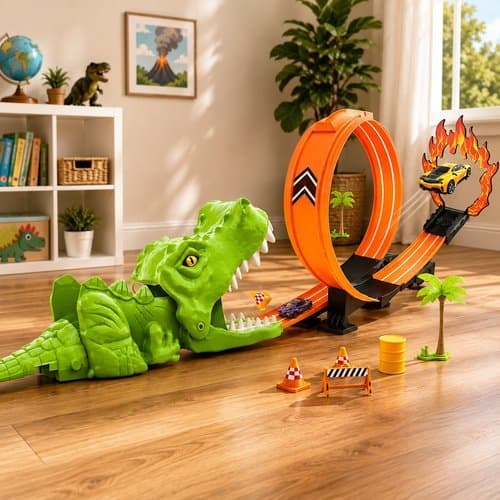 Kit Pista Lança Carrinhos Dinossauro Looping com Carrinho de Metal