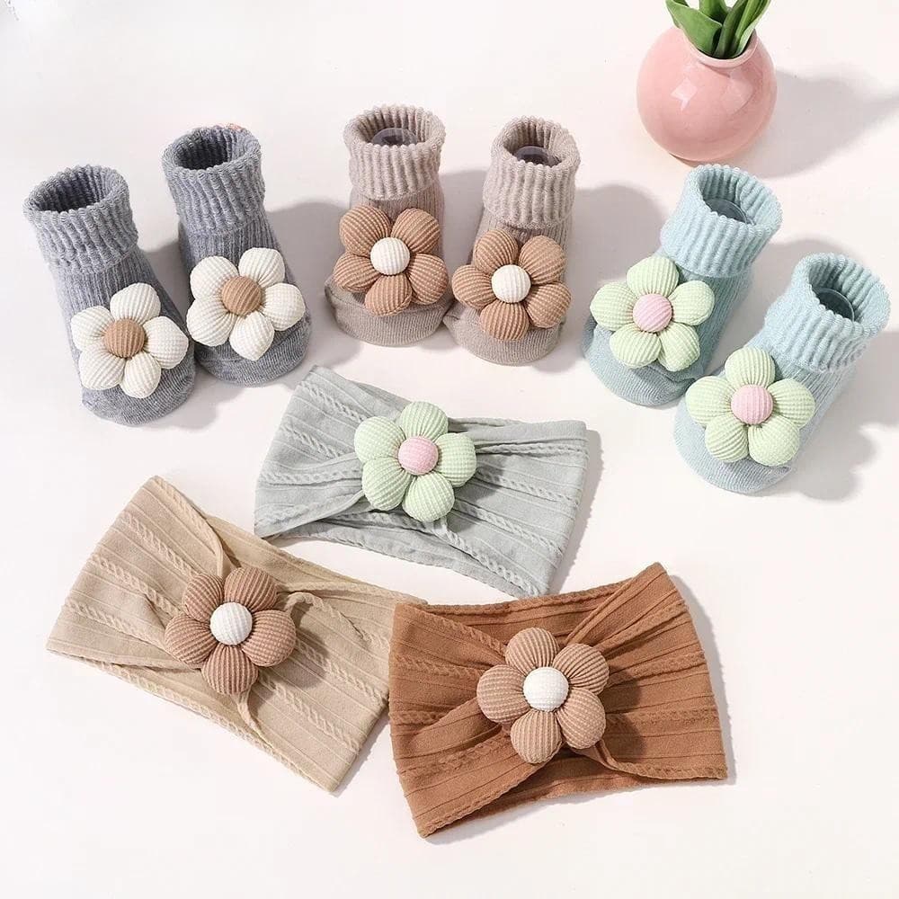 Conjunto de 2 Peças de Faixa de Cabelo e Meias para Bebês Meninas, Turbante Floral Macio, Presente para Recém-Nascidos G