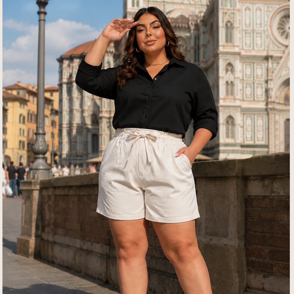 Short Bermuda Plus Size Linho Cintura Alta Confortável Elastico no Cós Liso Verão Elegante Soltinho Premium Cru G1