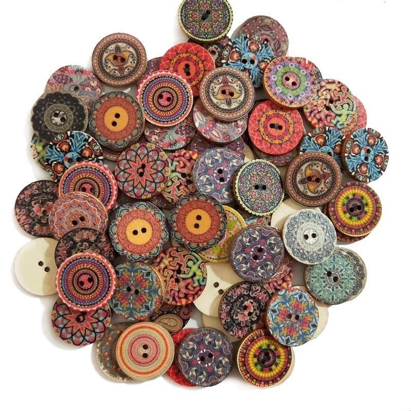 50 Peças 15/20/25mm Natural Retrô Multipadrão Impressão Botões Redondos De Madeira Para Roupas Scrapbook Faça Você Mesmo