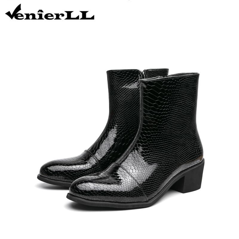 Botas Masculinas Com Estampa De Pele De Cobra , Couro Brilhante , Fecho Lateral , Bico Redondo , Bloco Grosso , Salto Mé