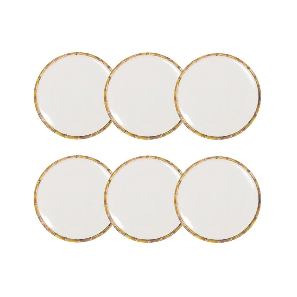 Cj 6 Pratos para Sobremesa de Melamina Branco com Borda de Bambu 22cm Bon Gourmet