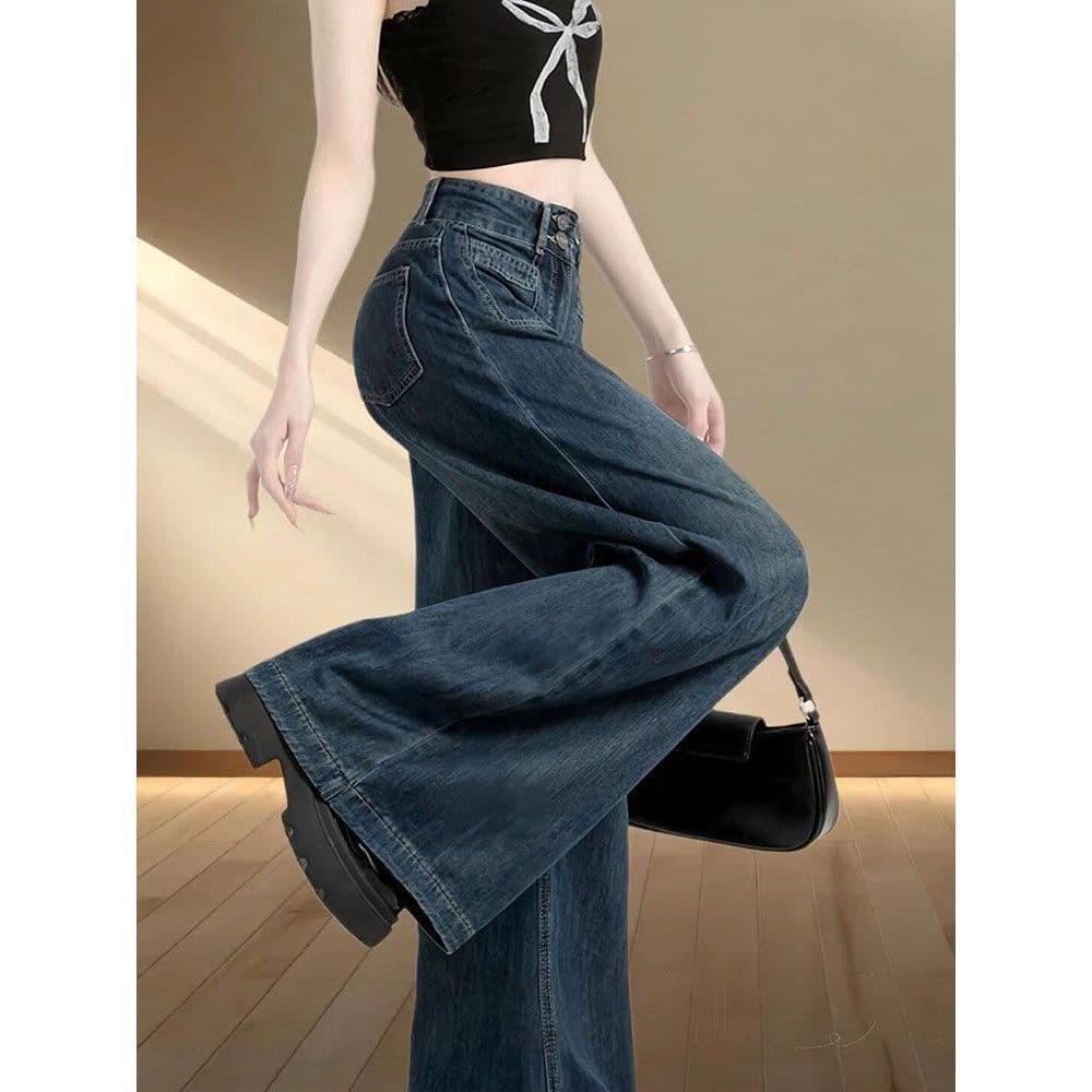 Forma de pêra corpo americano Retro azul Jeans retos feminino outono novo estilo tamanho grande cintura alta mais magro