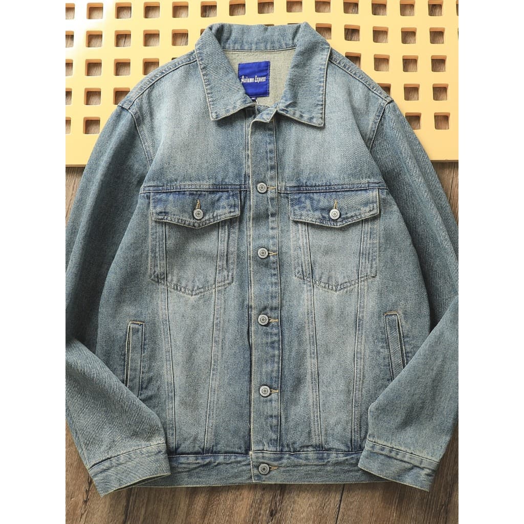 Lavagem jeans!Masculino na moda Retro moda solta Casual lapela macacão largo jaqueta jeans