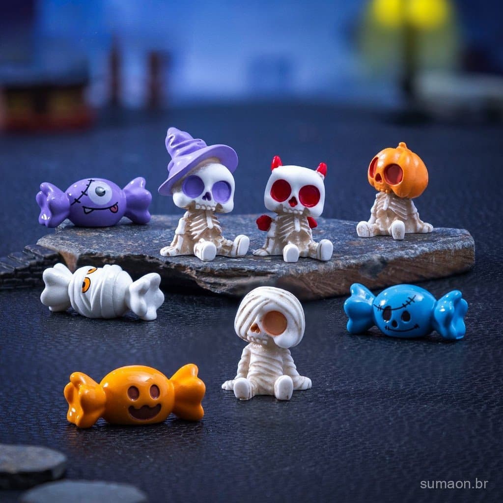 Enfeites de Mesa Halloween Conjunto 8 Miniaturas, Esqueletos e Doces, Decoração para Quarto
