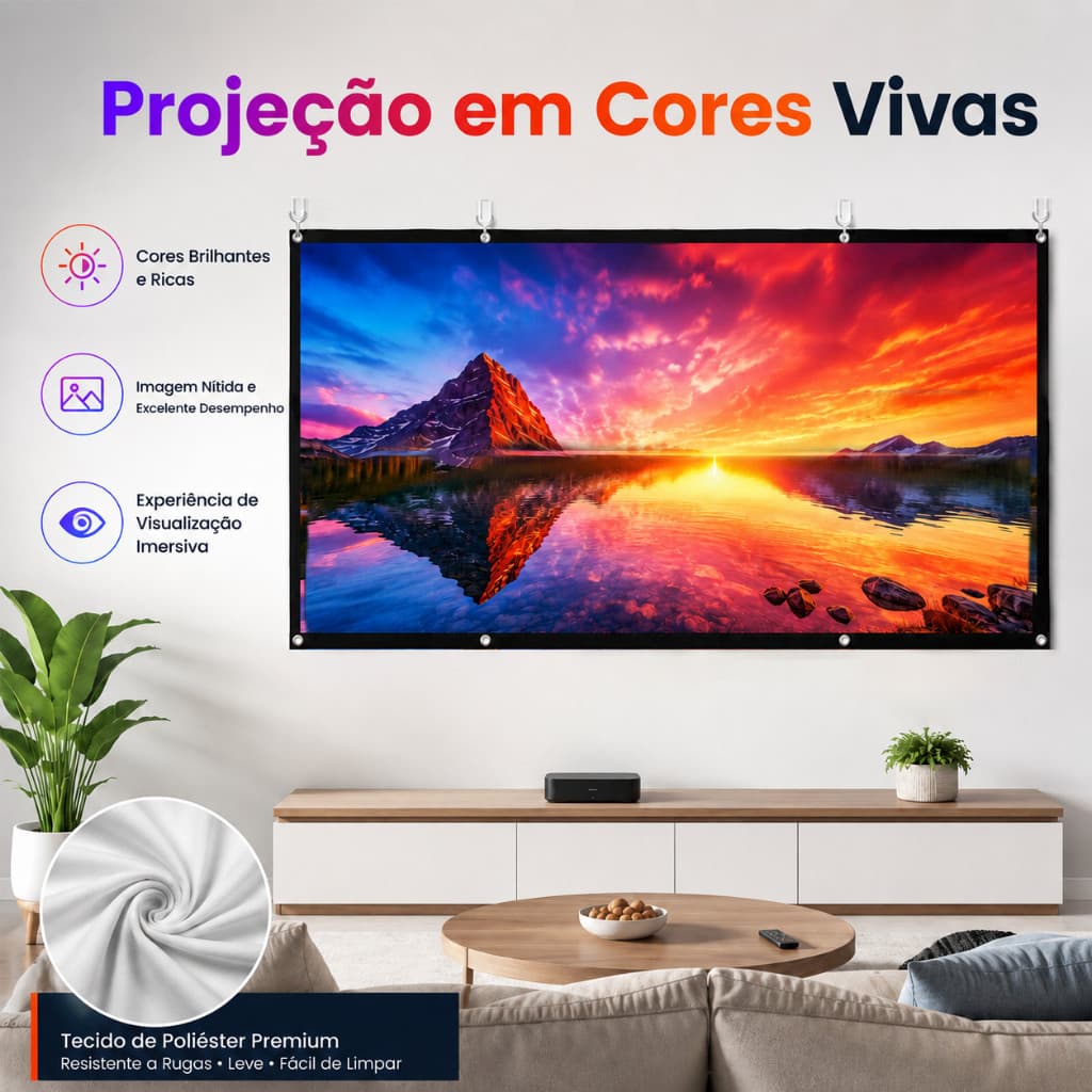 Tela de Projeção 100/120 Polegadas Tecido Poliéster Não Elástico Branco Suporte Compatível Projetor 4K Full HD