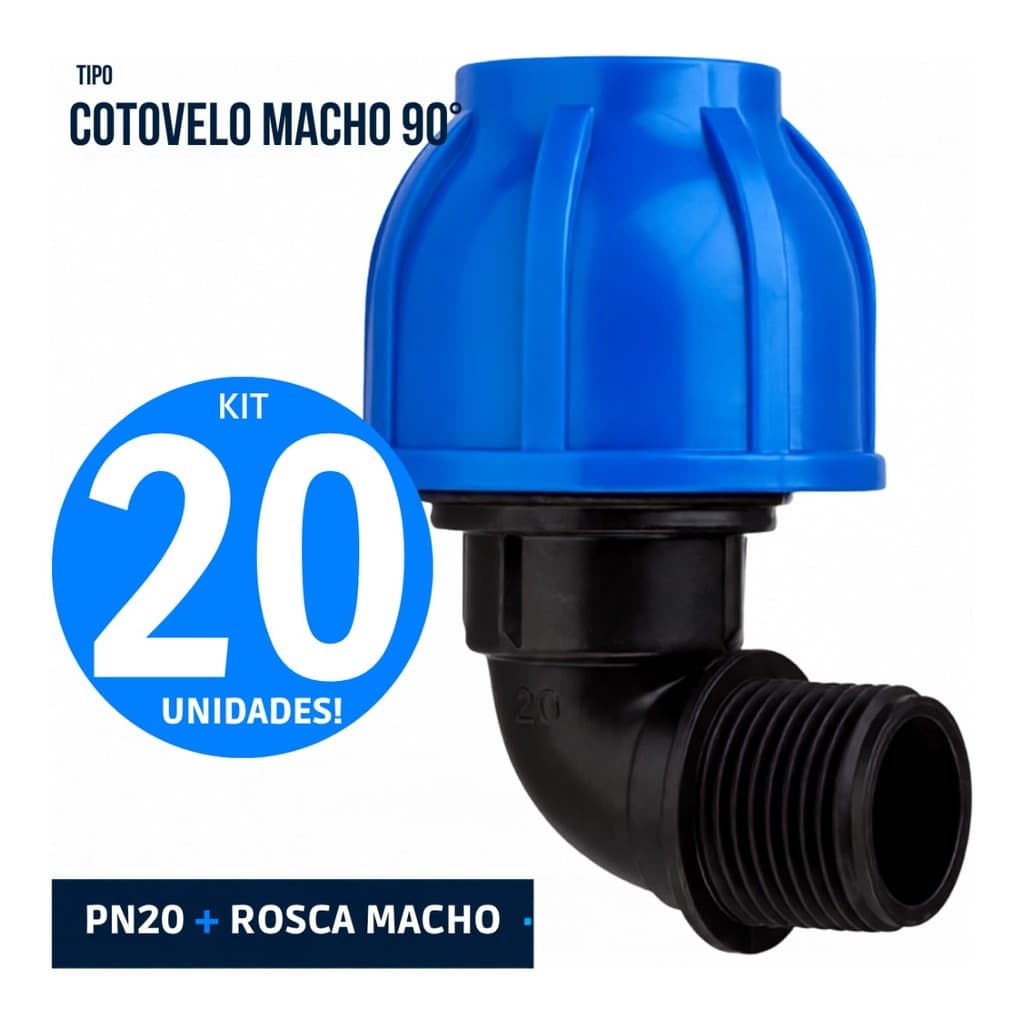 Kit 20 Cotovelos Macho de Compressão PEAD 25mm x 3/4" PN 20 Pietrobon - Conexão 90° Rosca Macho para Tubo PEAD Água Fria