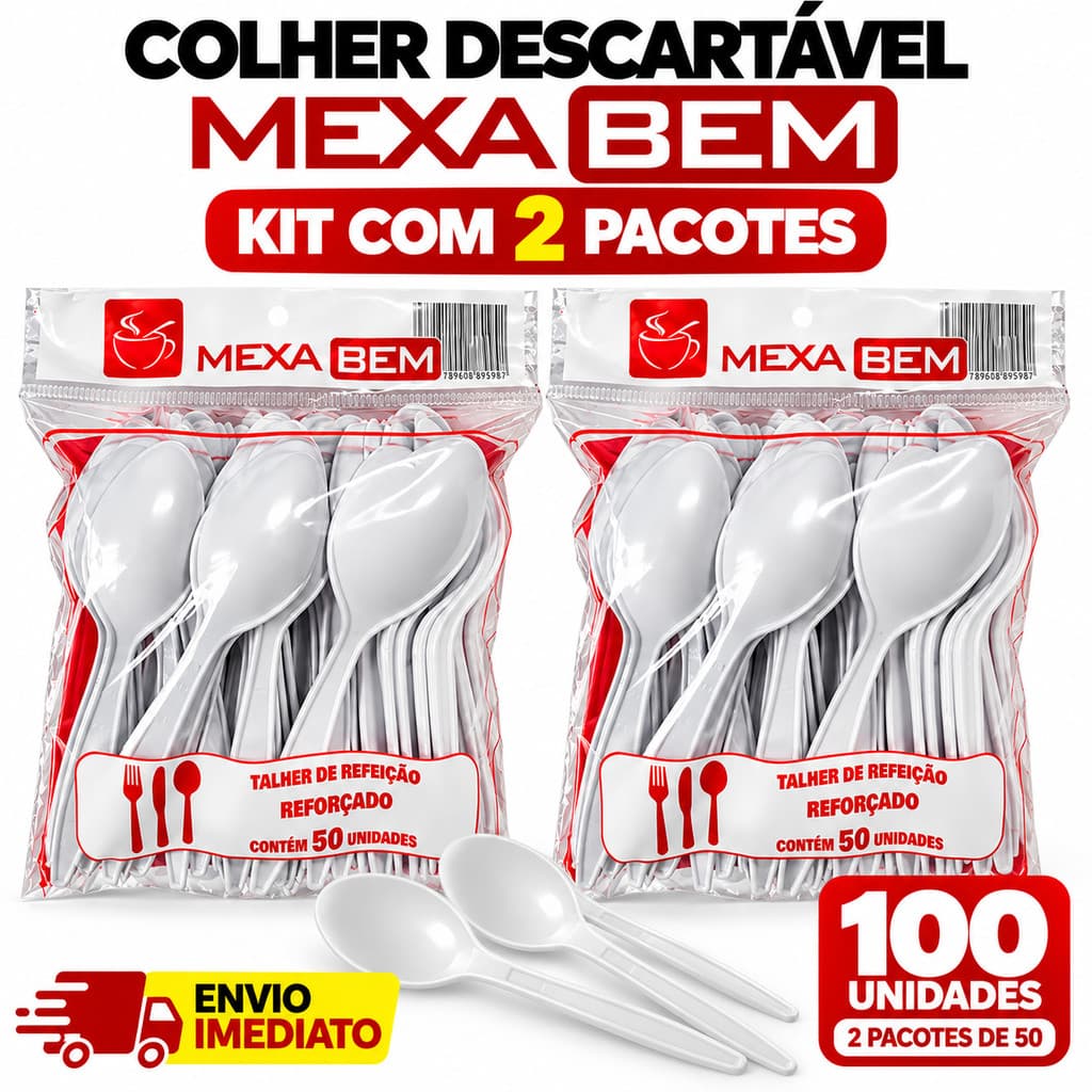 COLHER REFEIÇÃO REFORÇADA 100 UNI BRANCA DESCARTÁVEL MEXA BEM