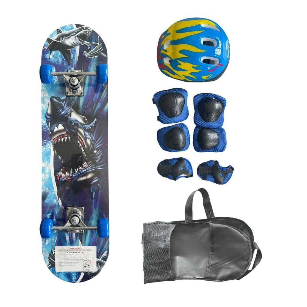Skate Infantil Estampado C/ Kit De Proteção - Tubarão