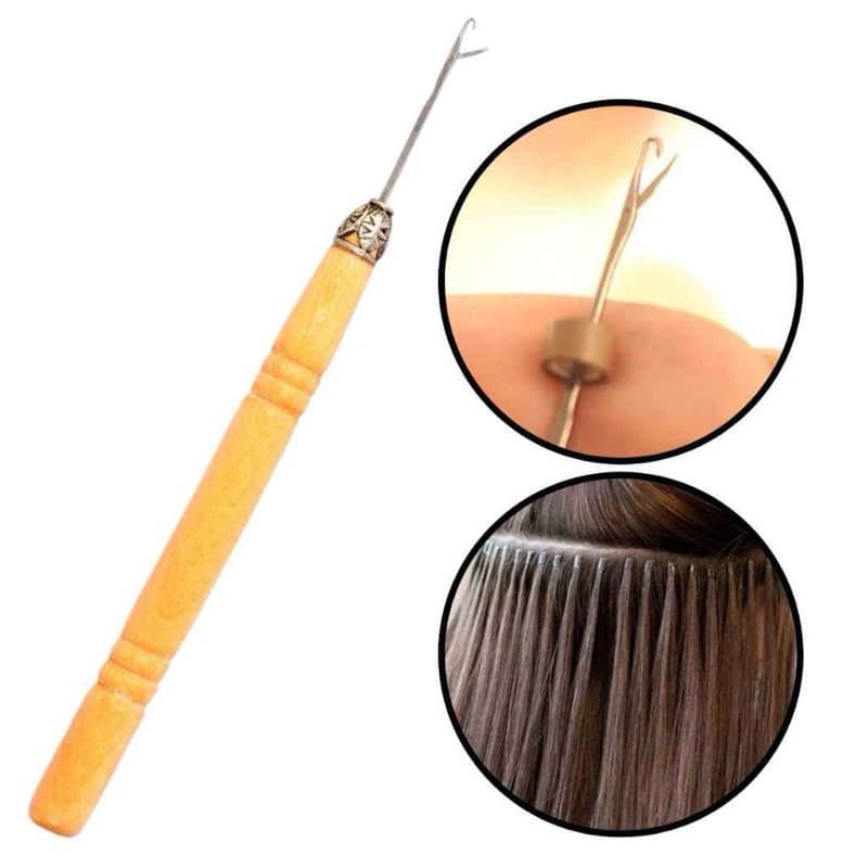 Agulha Gancho Abre e fecha Com Cabo De Madeira Para Aplicação De Mega Hair Microlink e outros