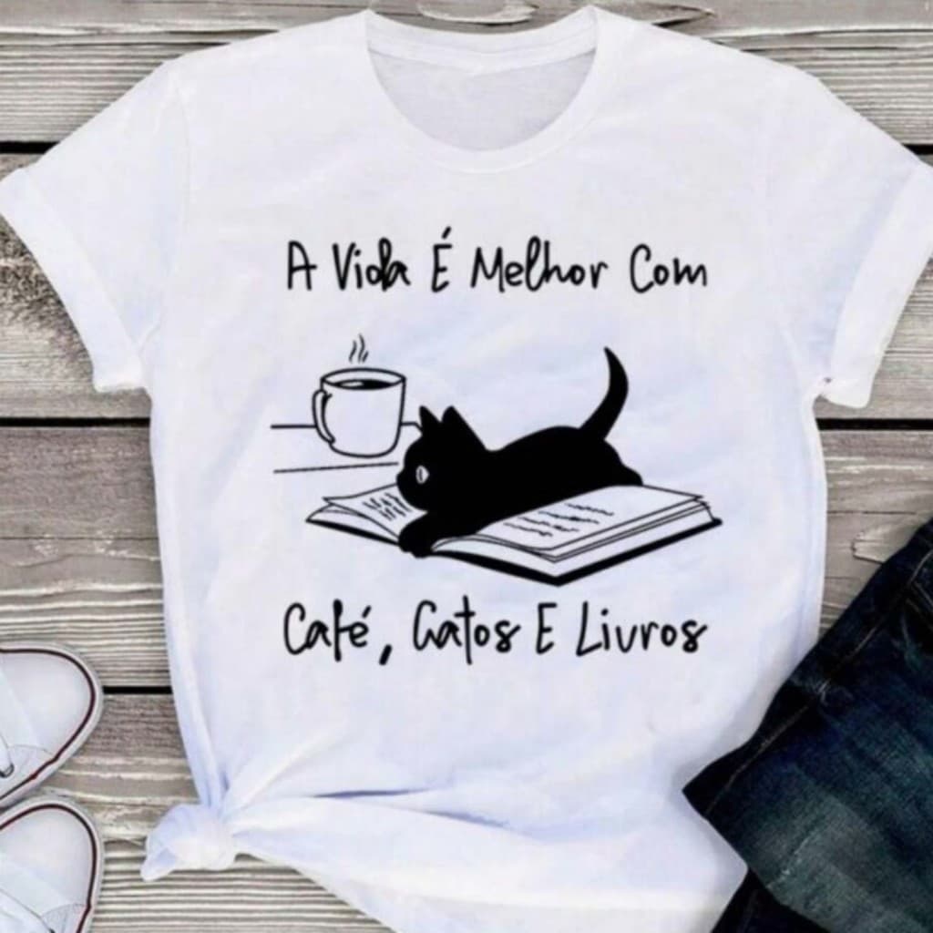 Camiseta Gato Animal Pet Café Livros Minimalista Unissex Masculino Camisa Blusa Feminino T-shirt