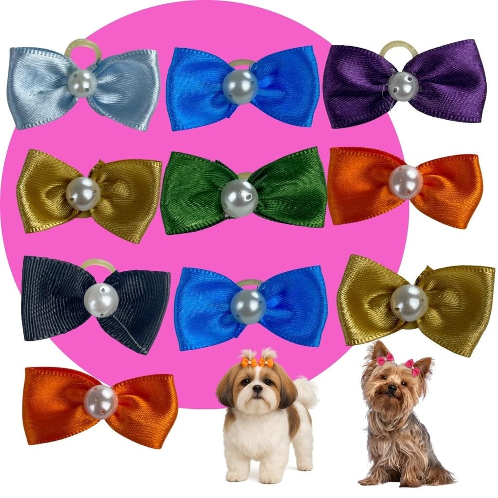 Kit 10 Laços Cetim Premium Atacado Sortidos Pet Shop Banho Tosa p/ Cachorro Cão Pequeno Médio Porte