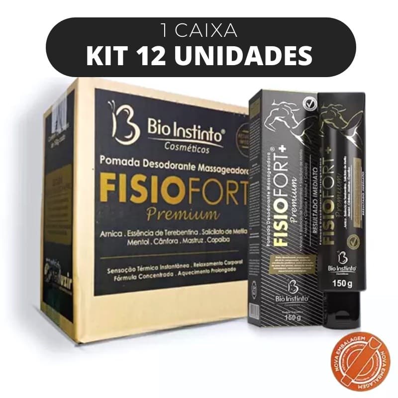 Kit 12 Pomada Massageadora Fisiofort Premium Preta Alívio de Dores, Muscular - 150g - Bio Instinto