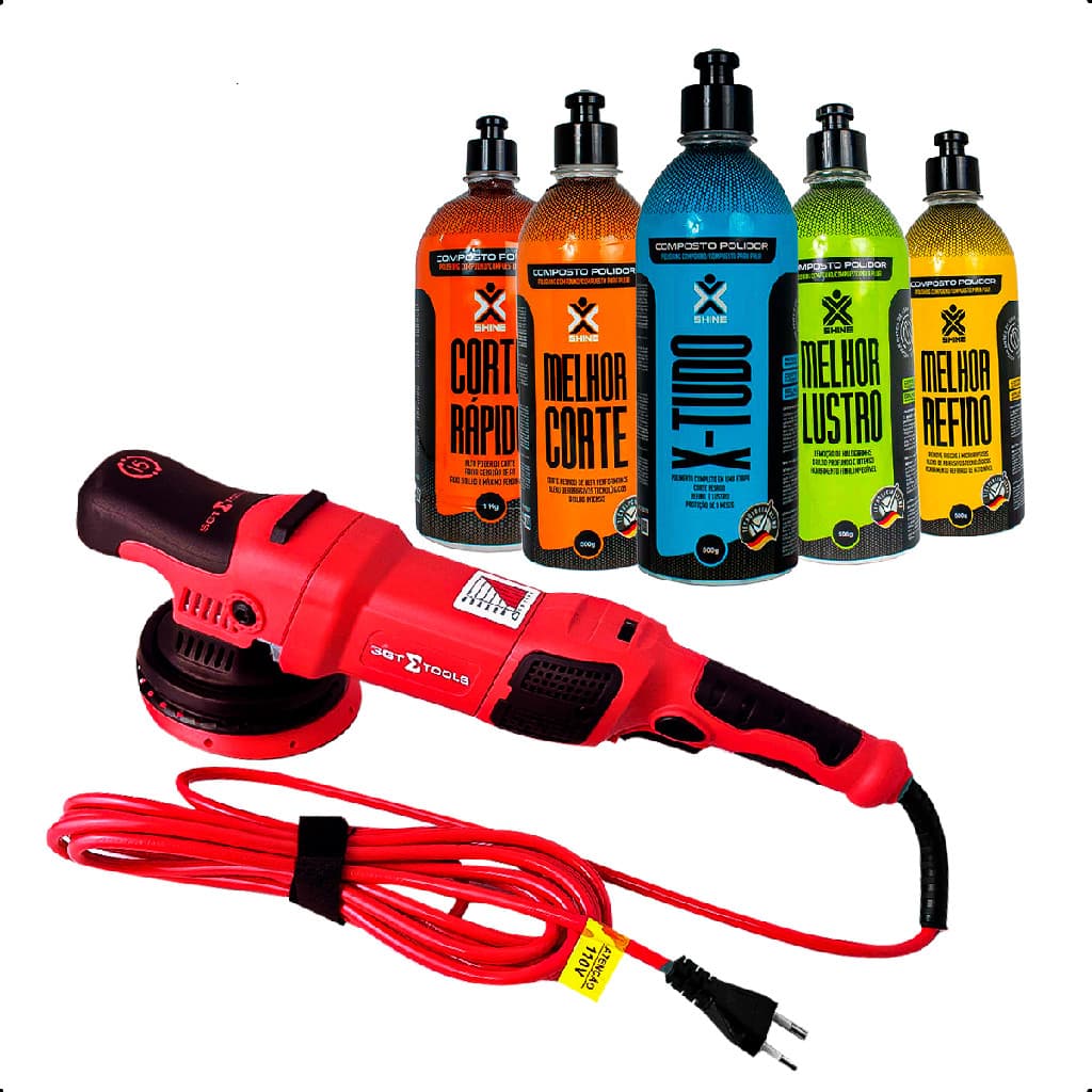 Politriz Orbital SGT Colors 15mm 110V Preta Com Massa De Polir Nº2 1Kg E Boinas 5" Corte e Lustro