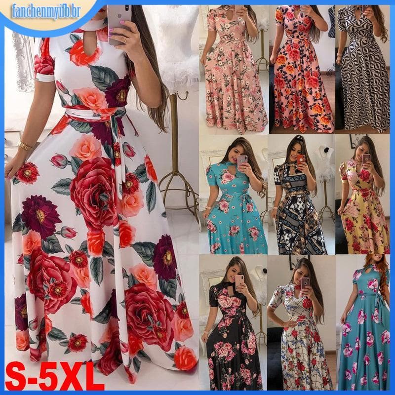 Vestido feminino longo elegante estampado manga curta gola redonda