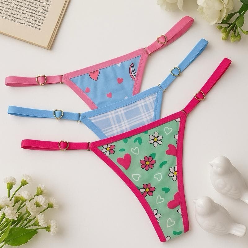 Kit 5 Calcinha Tanga Fio Coração Regulagem com Detalhes em Coração DJL