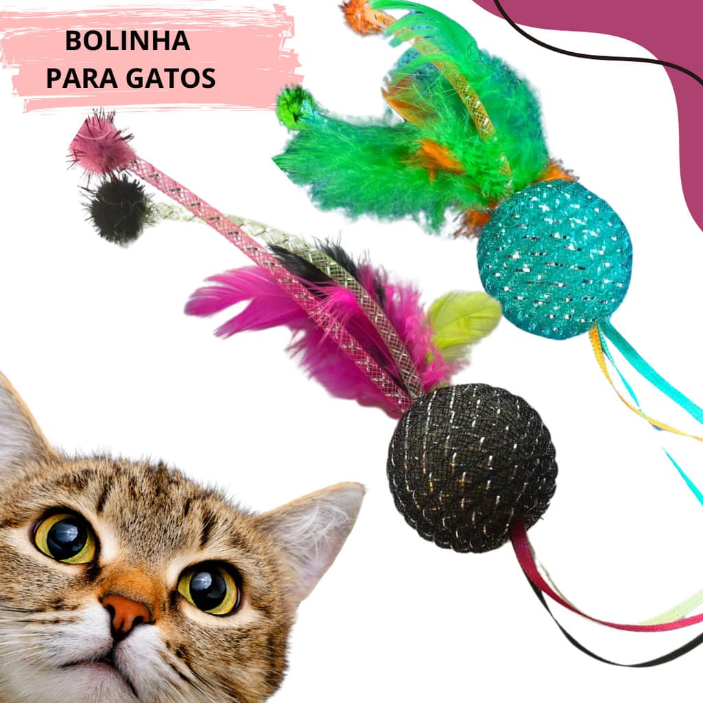 Bolinhas Gatos Brinquedos Brilho Pet - Com Som Chocalho Penas