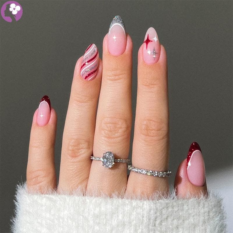 24 Pçs Forma De Amêndoa Unhas Falsas Design De Natal Com Strass Brilhantes Imprensa Artificial Em Para Festa De Férias