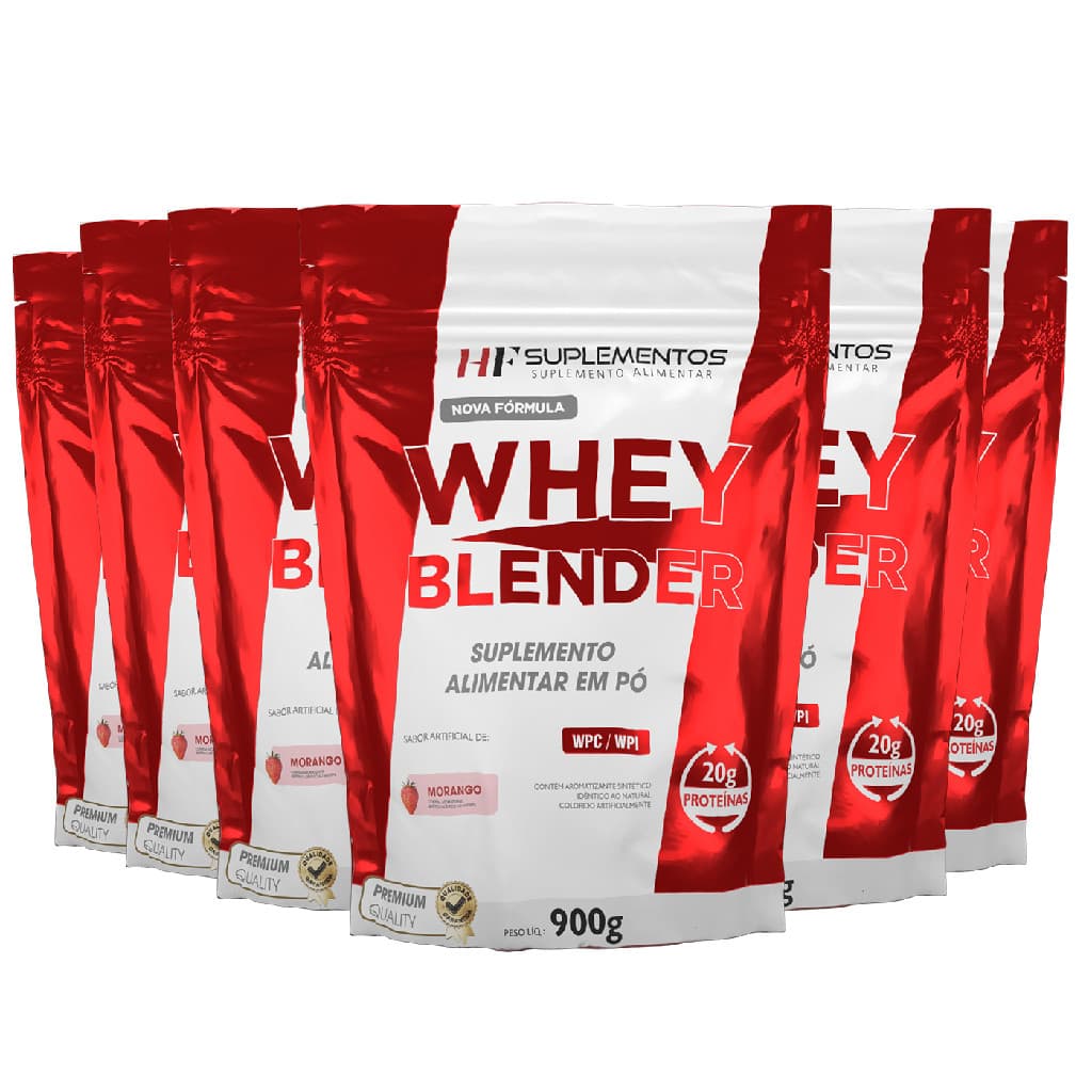 6X WHEY BLENDER CONCENTRADO MORANGO 900G HF SUPLEMENTOS