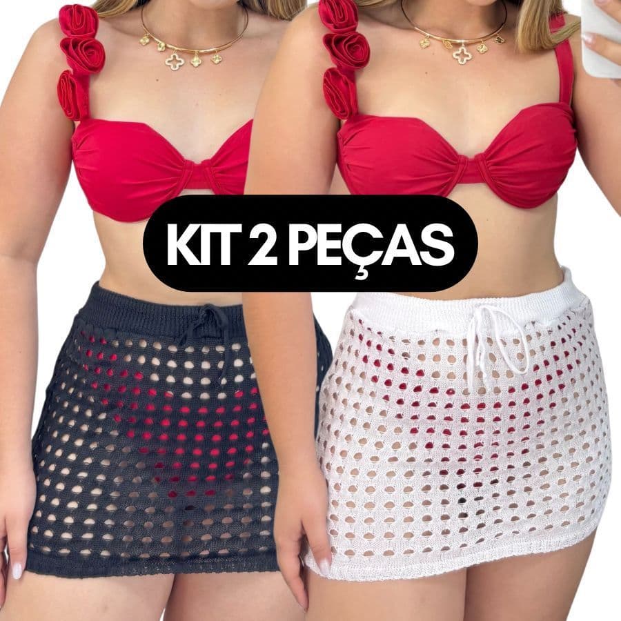 KIT 2 Saias CURTA Tricot Furadinha  – Saída de Praia Feminina Estilo Verão / Mini Saia Tricô