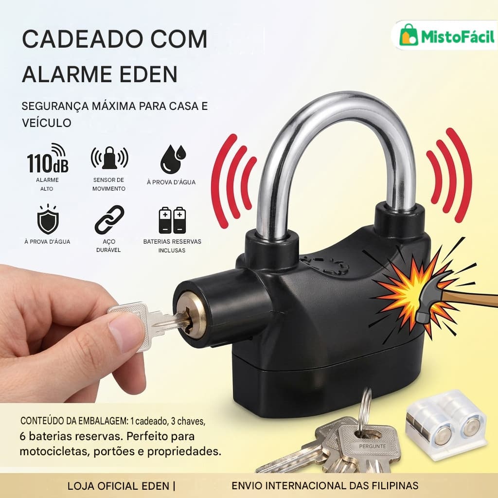 Cadeado de Alarme Sonoro Antifurto, Trava Resistente e Impermeável para Motocicleta, Bicicleta e Mala