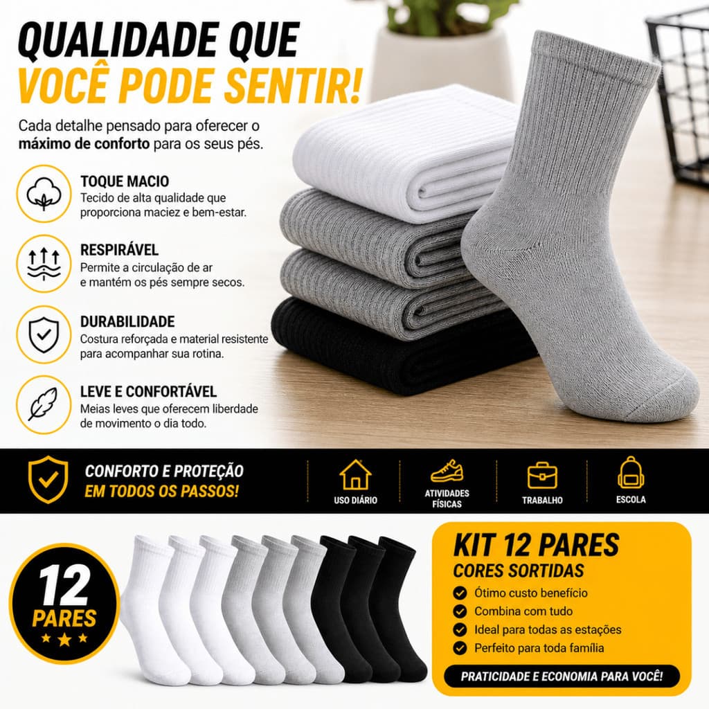 Kit com 12 Pares Meia cano alto  Masculina Cano Alto 100% Algodão Confortável e Durável meia grande