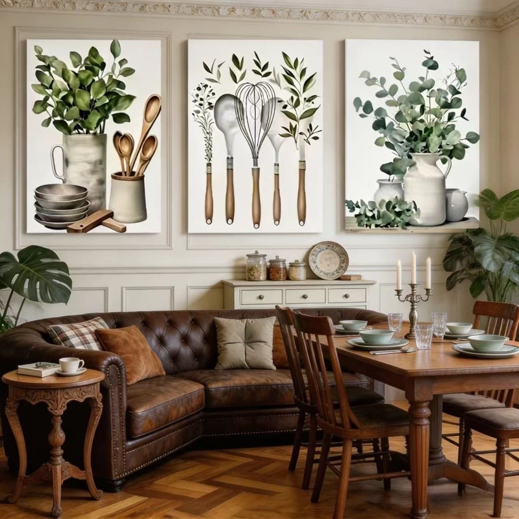 Kit 3 Quadros Com Plantas Verdes E Utensilios Decoracao Natural Para Cozinha E Sala De Jantar Parede Moderno