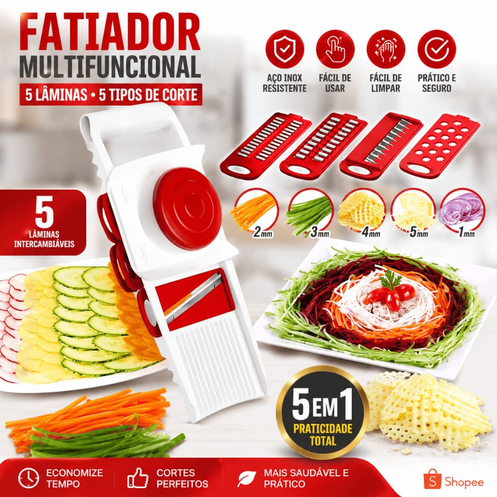 Multi Cortador Fatiador Ralador 5 Lâminas Diferentes Com Travas 5 em 1 Keita