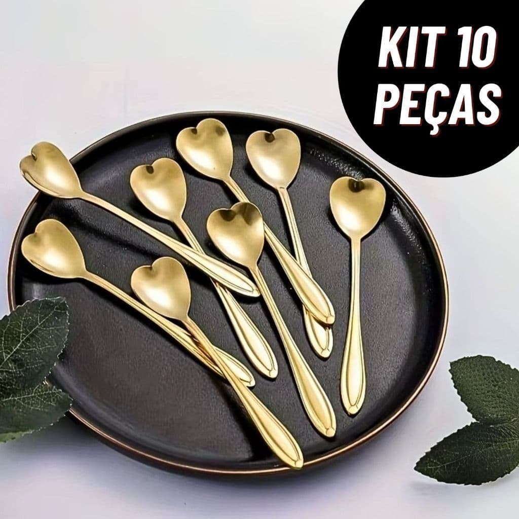 Kit 10 Colheres Coração Dourada luxo inox Café Sobremesa