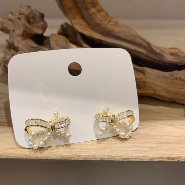| kit brinco aço inoxidável | 【cartelas de brincos feminino】 ✽Brincos de pérola com laço francês, Design de nicho para m