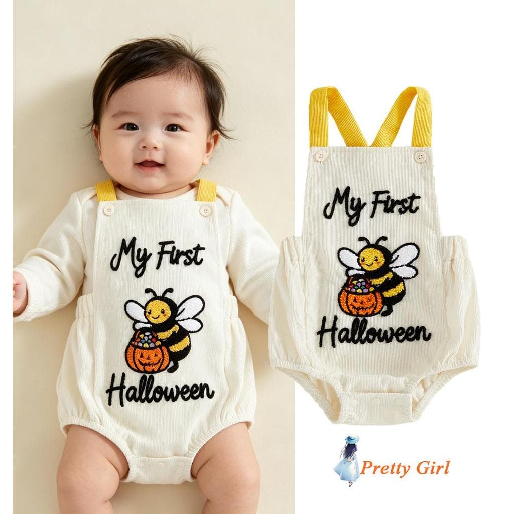Mellifluous-Halloween Infantil Meninas Meninos Sem Mangas Gola Quadrada Abelha Bordado Veludo Bolha Macacão