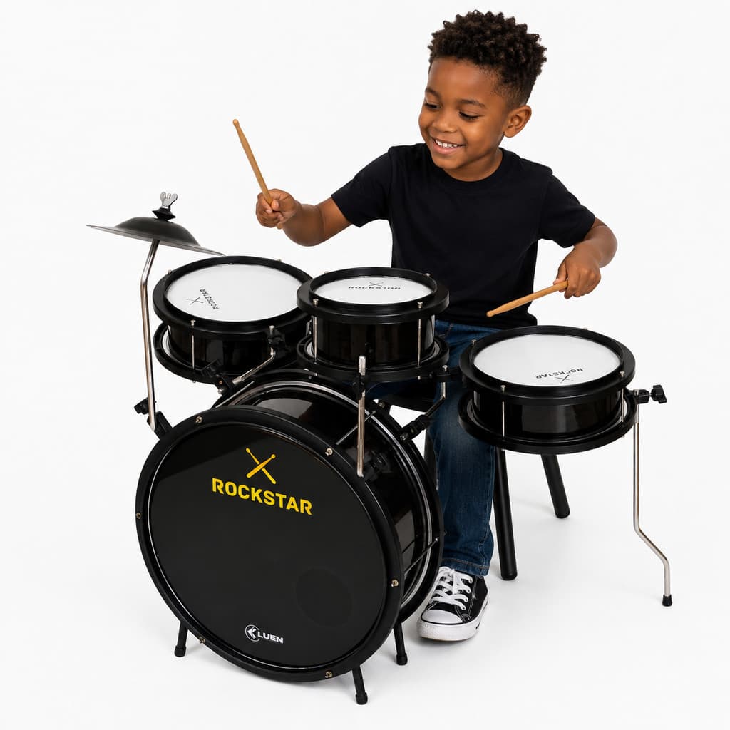 Bateria Infantil com chimbal Instrumento de verdade marca Luen - modelo RockStar Cor Preto