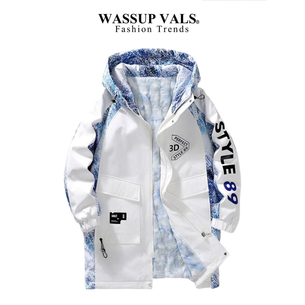 WASSUP VALS Jaqueta de inverno de comprimento médio na moda com capuz masculino solto jovem forro de lã corta-vento
