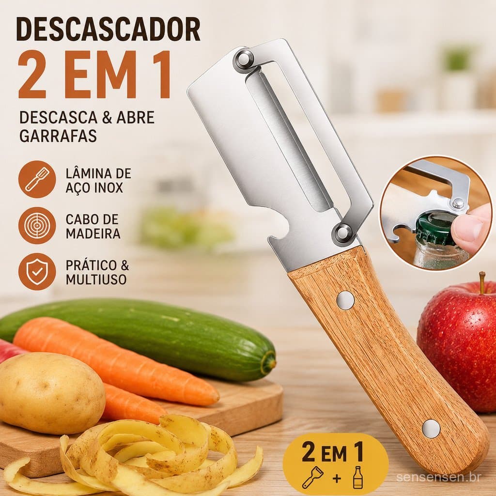 Descascador De Vegetais 2 Em 1 Em Aço Inoxidável Com Cabo De Madeira Abridor De Garrafas Para Frutas E Cozinha Multiuso