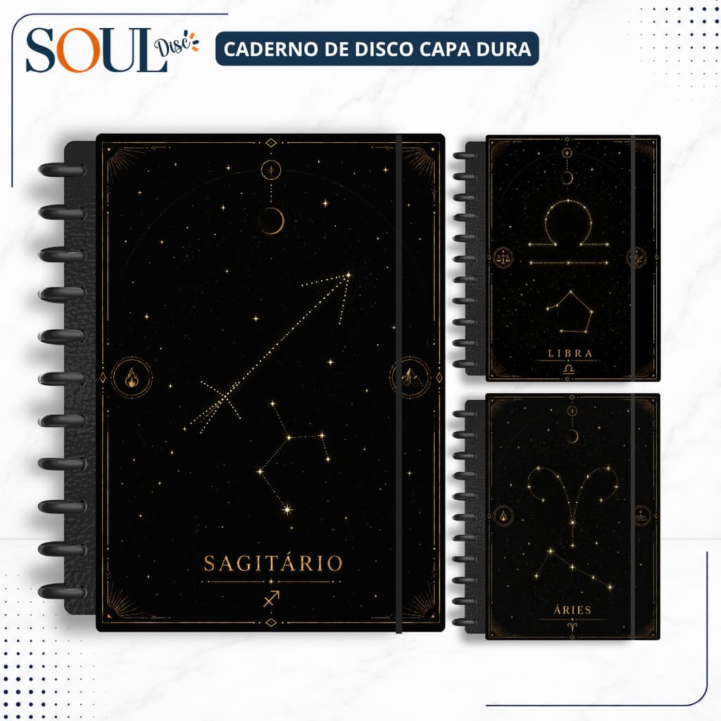CADERNO DE DISCO INTELIGENTE SÍGNOS DO ZODIACO - MINI, P, M, G e (G de 10 MATÉRIAS)