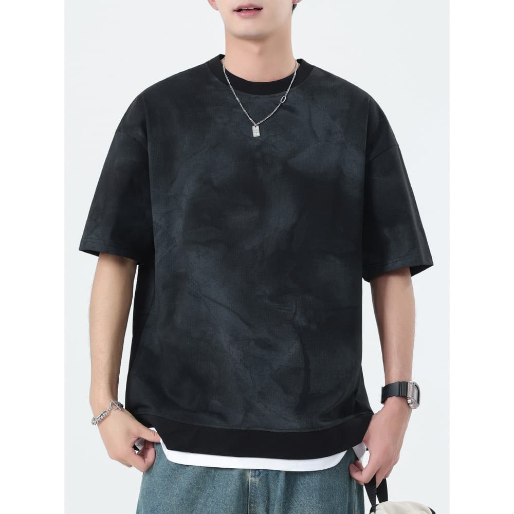 Verão novo estilo Street Wear estilo americano rufião bonito masculino de manga curta camiseta solta falso de duas peças