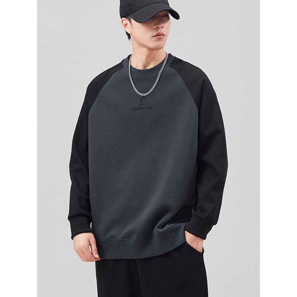 Pesado manga Raglan moletom masculino outono inverno americano Retro carta bordado topo contraste cor costura em torno d