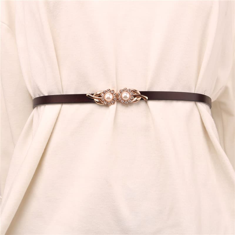 Cinto ajustável feminino saia cinto acessórios cinto de couro genuíno corrente de cintura strass pérola flor decoração v