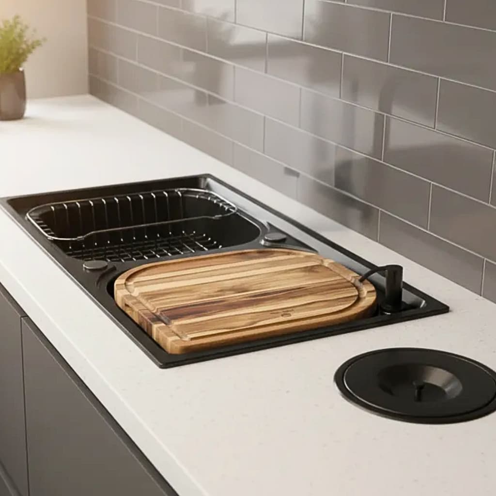 Cuba Dupla Cozinha Gourmet aço Inox Preta + Tábua E Lixeira