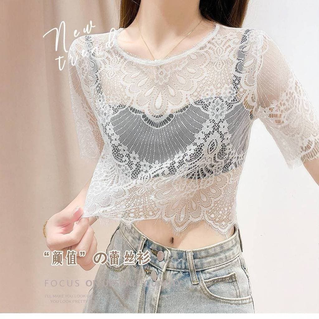 Blusa de renda transparente Top curto manga média verão tule feminino preto manga curta camiseta fundo de malha