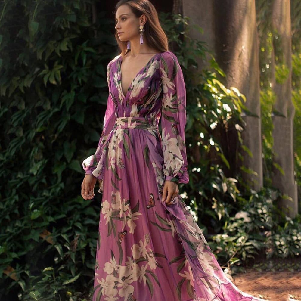 Vestido oversized Estampado2025 Verão Novo Feminino Estampado Com Decote Em V Saia Longa Grande